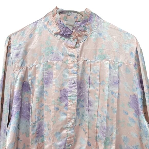 Vintage Satin Nightgown Large Pink Floral Pastels Maxi Stand Up Collar Ruffles - Picture 2 of 3